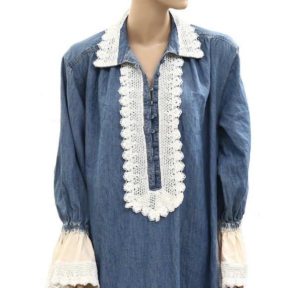 Free People Denim Crochet Lace Midi Dress Long Bell Sleeve Blue XL New 284086 - Picture 2 of 4